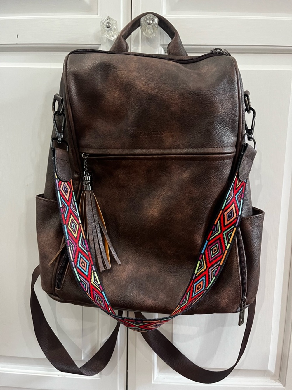 Brown Faux Leather Backpack with Colorful Strap